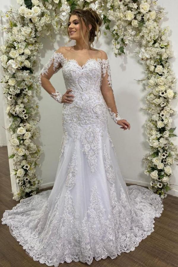 Long Sleeves White Lace Appliques Mermaid Wedding Dresses