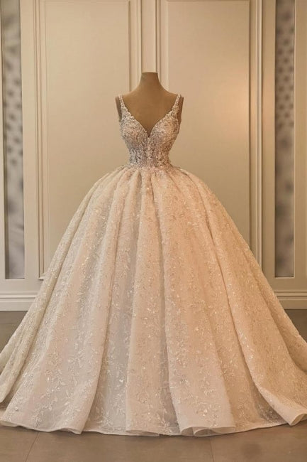 Long Wedding Dress A Line V Neck Sleeveless Princess Glitter Bridal Gown With Lace