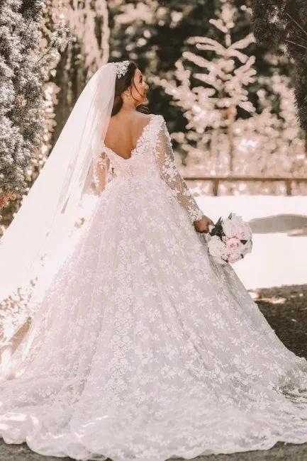 Long sleeves Lace round neck Ball gown Wedding Dress (ZD15699) - View 2 | VelvetHem