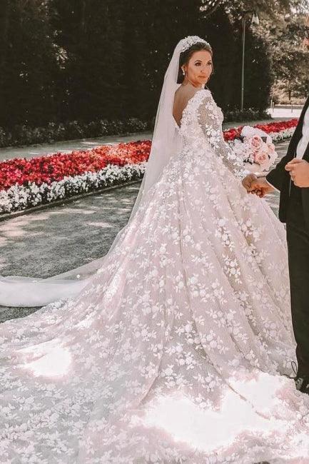 Long sleeves Lace round neck Ball gown Wedding Dress (ZD15699)