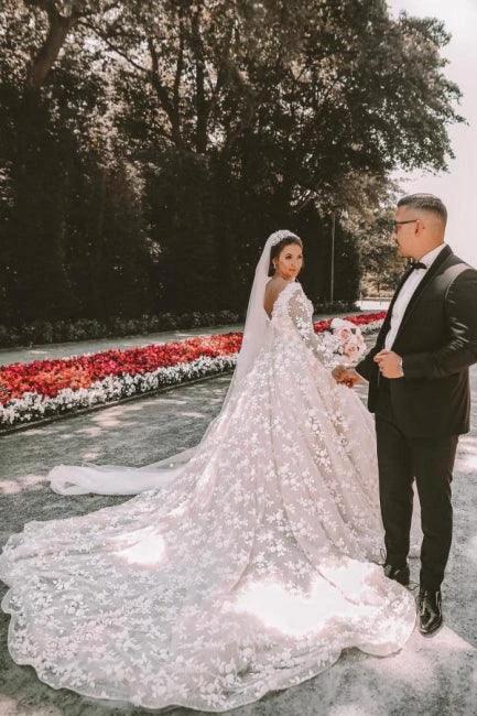Long sleeves Lace round neck Ball gown Wedding Dress (ZD15699) - View 7 | VelvetHem