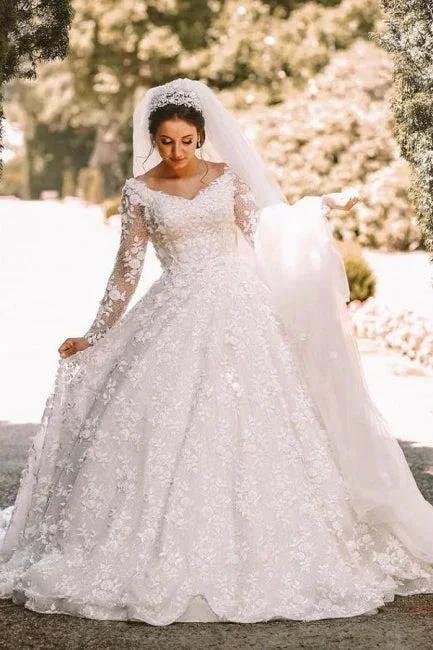Long sleeves Lace round neck Ball gown Wedding Dress (ZD15699)