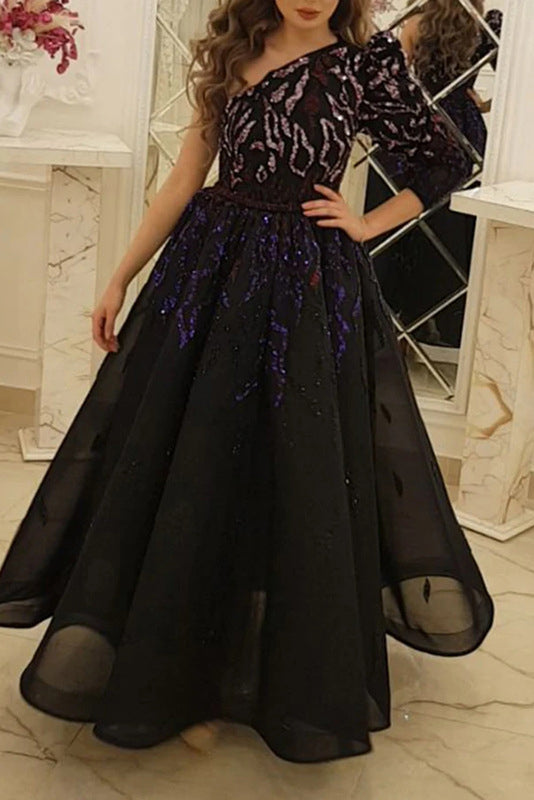 Long Black One Sleeve A-Line Prom Dress Evening Gown - Fashionpara
