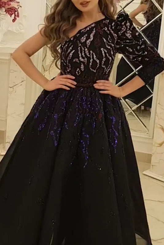 Long Black One Sleeve A-Line Prom Dress Evening Gown - Fashionpara