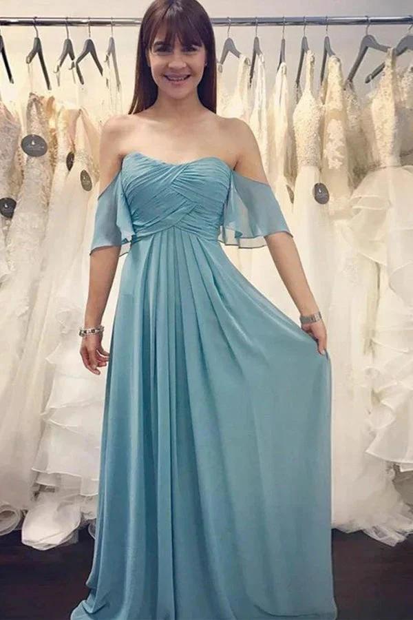 Long Off-the-Should Ruched Blue Chiffon Bridesmaid Dress (ZD12828)