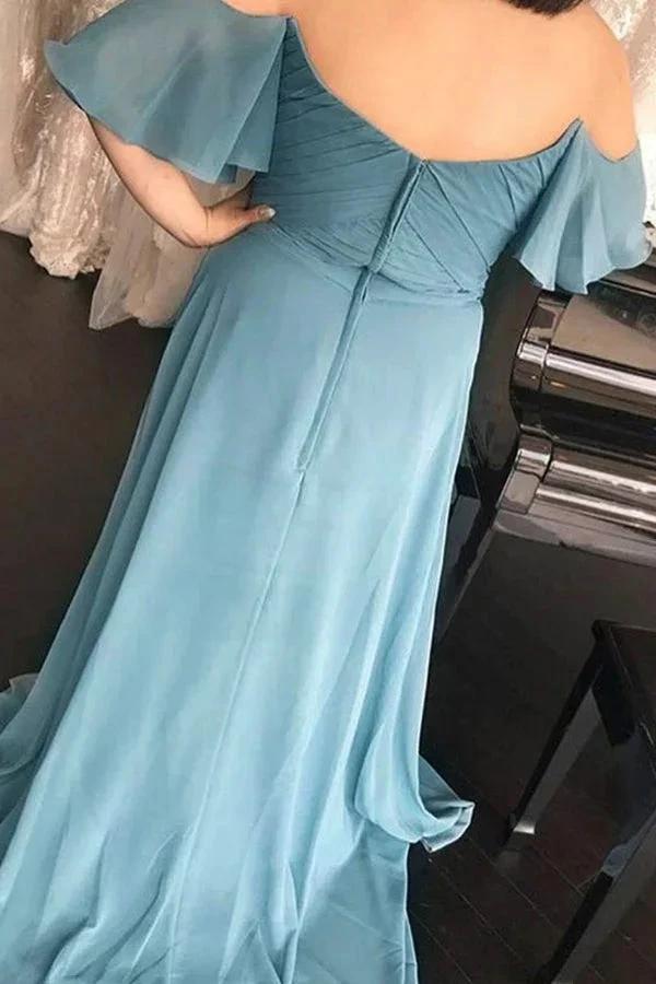 Long Off-the-Should Ruched Blue Chiffon Bridesmaid Dress (ZD12828)