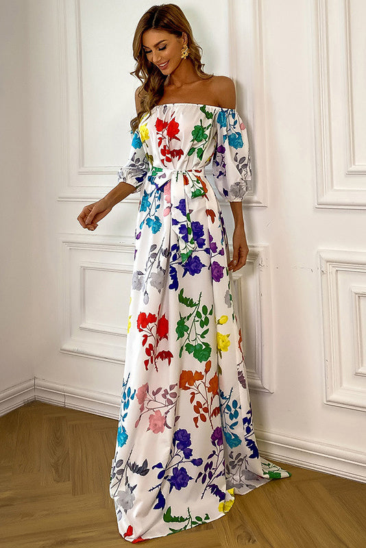 Long Print A-Line Off-the-Shoulder Maxi Prom Dress - Fashionpara