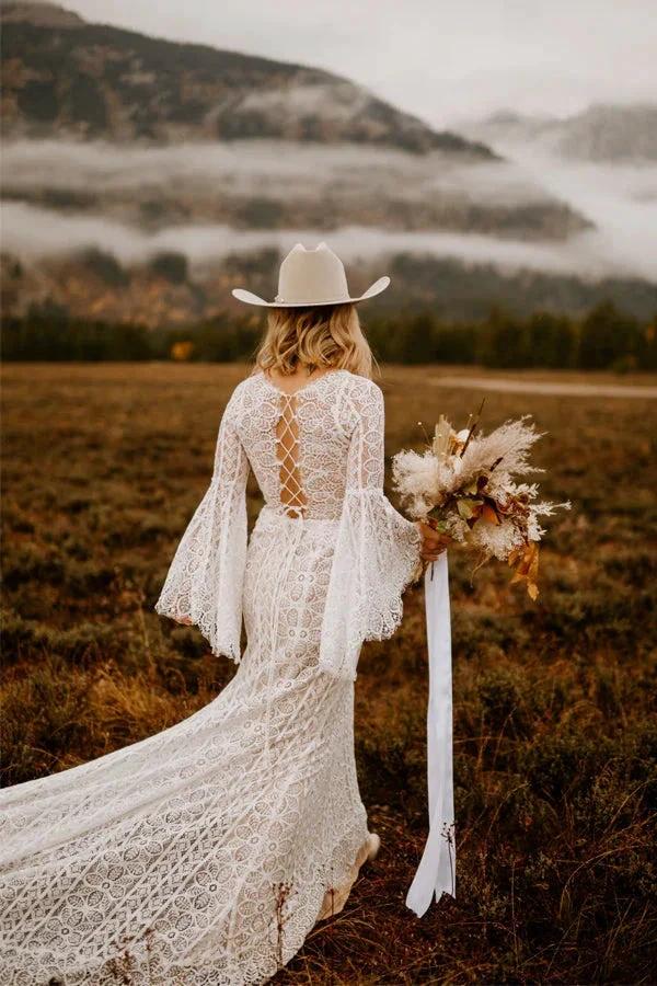 Long Sleeve Lace Wedding Dresses Lace Up Back Beach Wedding Dress (ZD16358)