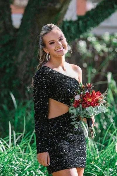 One Shoulder Purple Bodycon Sequin Homecoming Dress SYH34 by vivymakudress