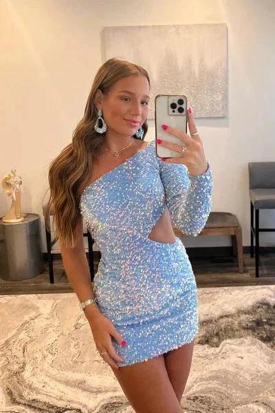 One Shoulder Purple Bodycon Sequin Homecoming Dress SYH34 by vivymakudress
