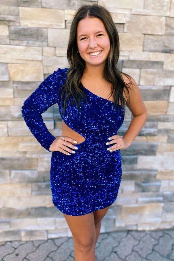 One Shoulder Purple Bodycon Sequin Homecoming Dress SYH34 by vivymakudress