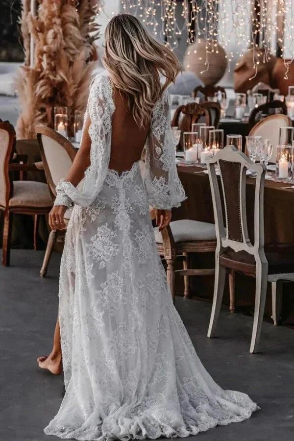 Long Sleeve V-neck Lace Appliques Boho Wedding Dress (ZD16076)