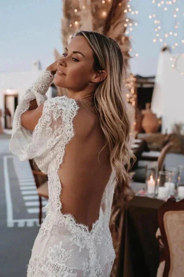 Long Sleeve V-neck Lace Appliques Boho Wedding Dress (ZD16076)
