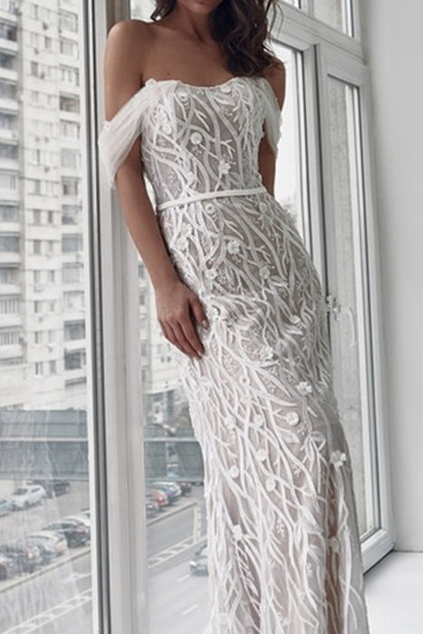 Long White Off-the-Shoulder Evening Gown Wedding Dress - Fashionpara