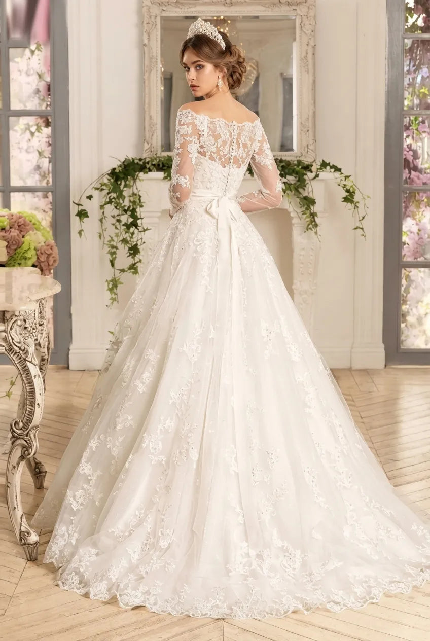 Long A-line Off-the-Shoulder Tulle Lace Wedding Dresses with Sleeves (ZD15924)