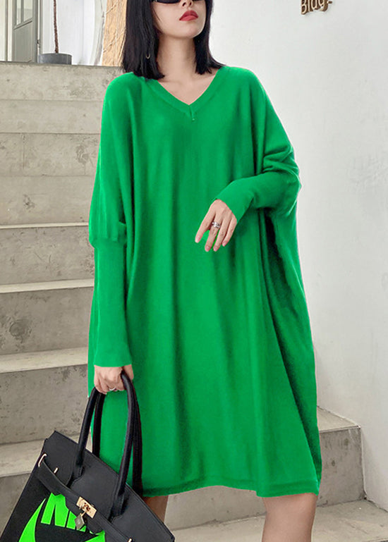 Loose Black V Neck Patchwork Knit Dress Batwing Sleeve