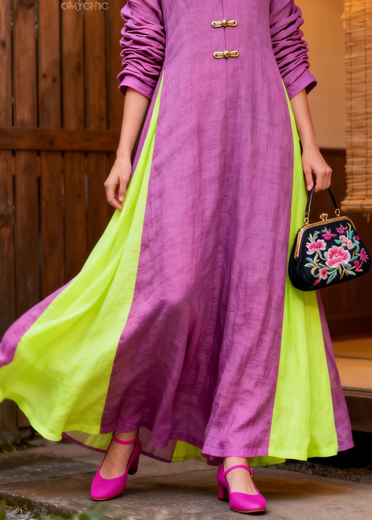 Loose Colorblock V Neck Patchwork Cotton Long Dresses Summer
