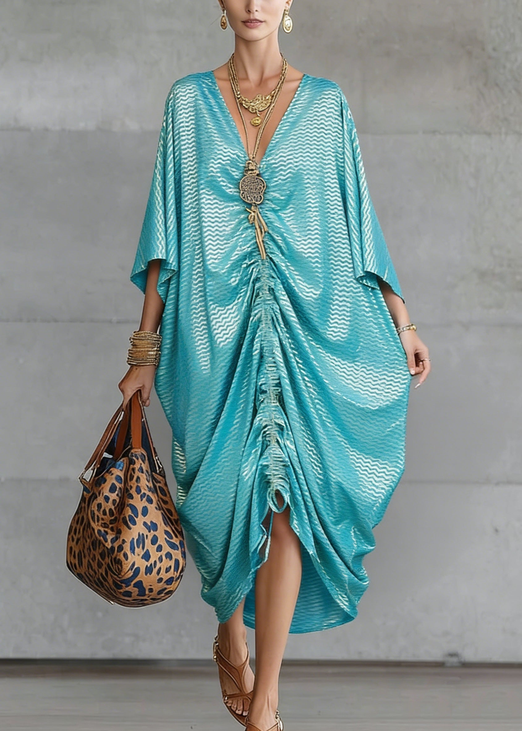 Loose Green V Neck Asymmetrical Design Drawstring Dresses Summer