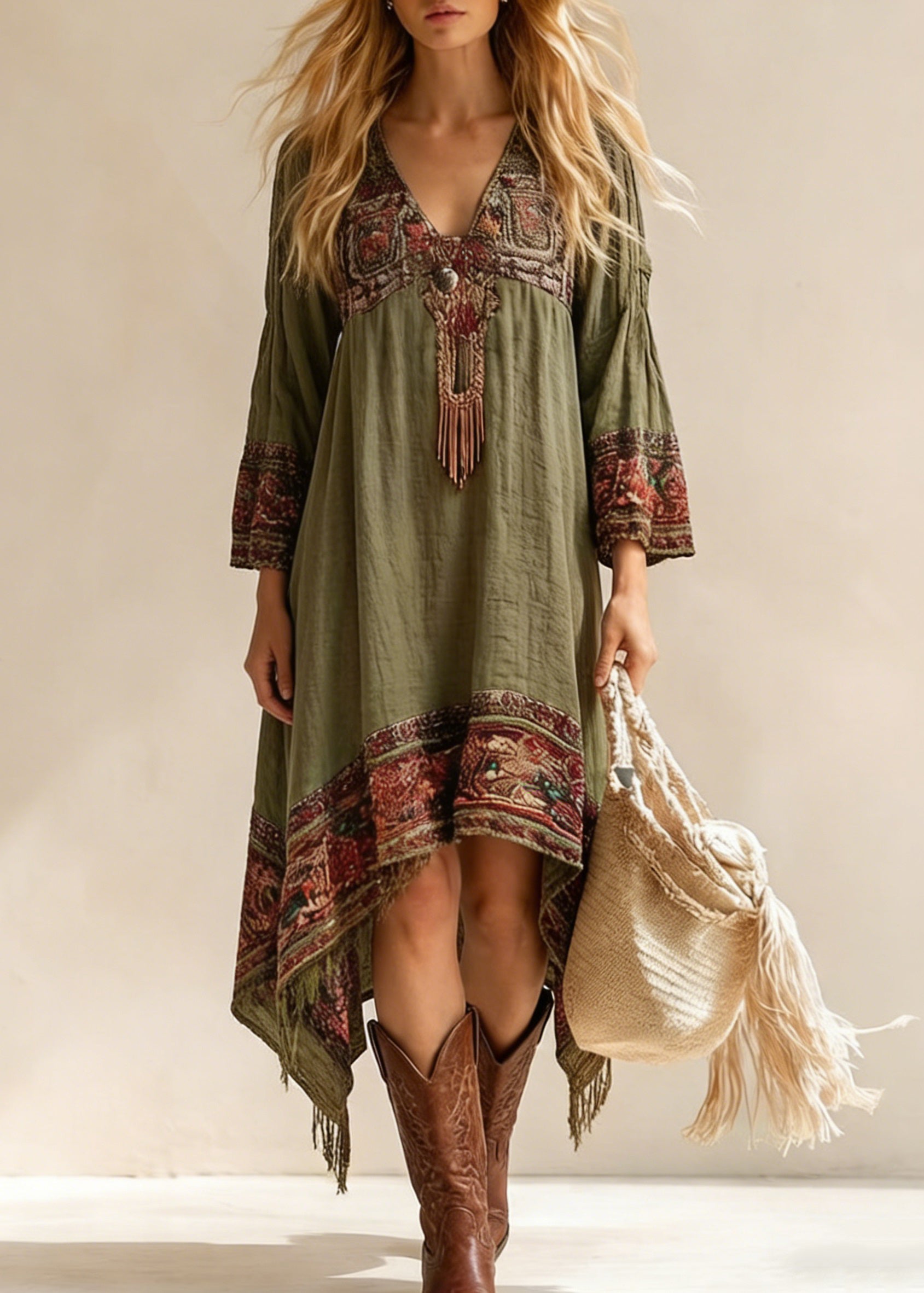 Loose Green V Neck Asymmetrical Design Print Dresses Spring