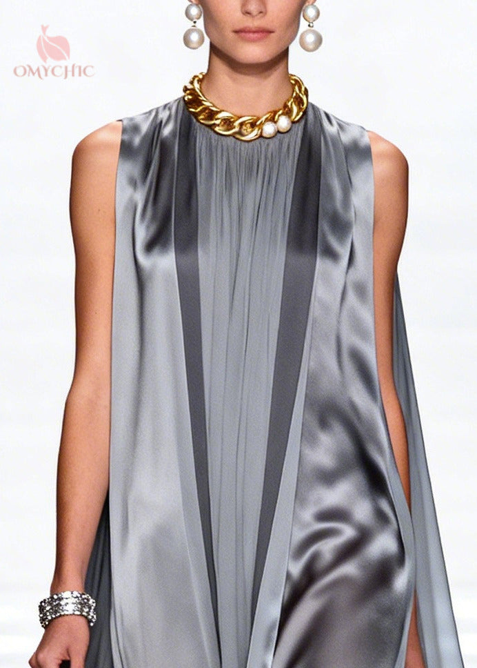 Loose Grey Oversized Stereoscopic Floral Chiffon Long Dress Sleeveless