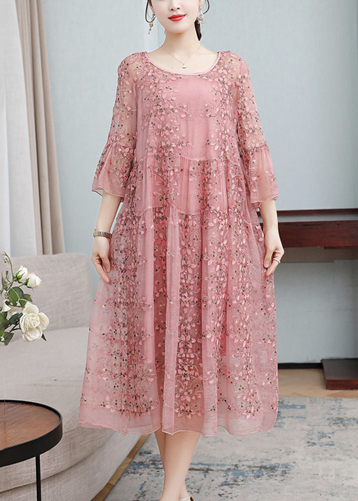 Loose Pink Embroidered Ruffled Lace Silk Dresses Flare Sleeve