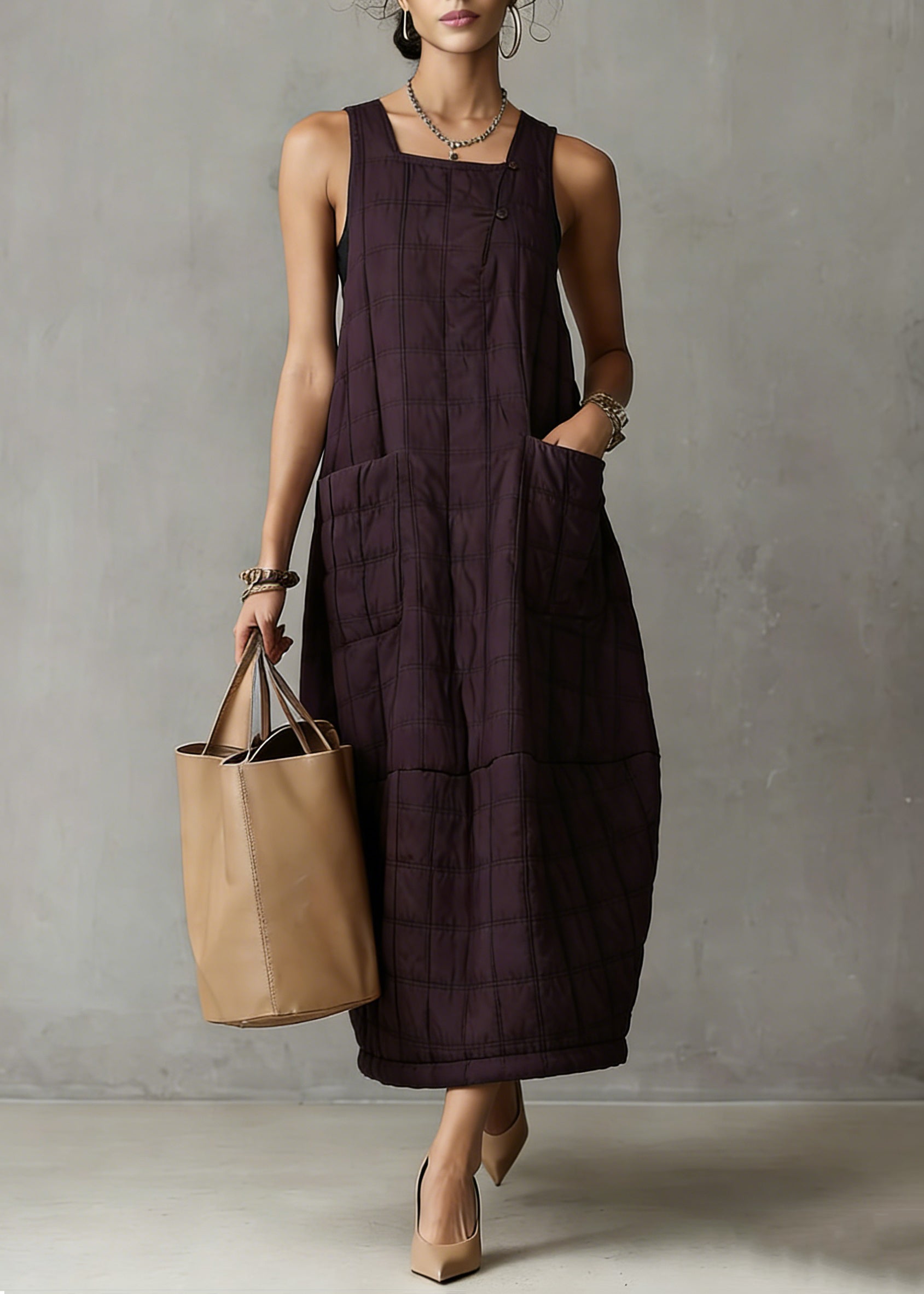 Loose Purple Plaid Pockets Solid Tank Dresses Sleeveless