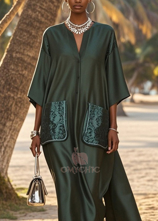 Loose V Neck Pockets Patchwork Silk Long Dress Summer