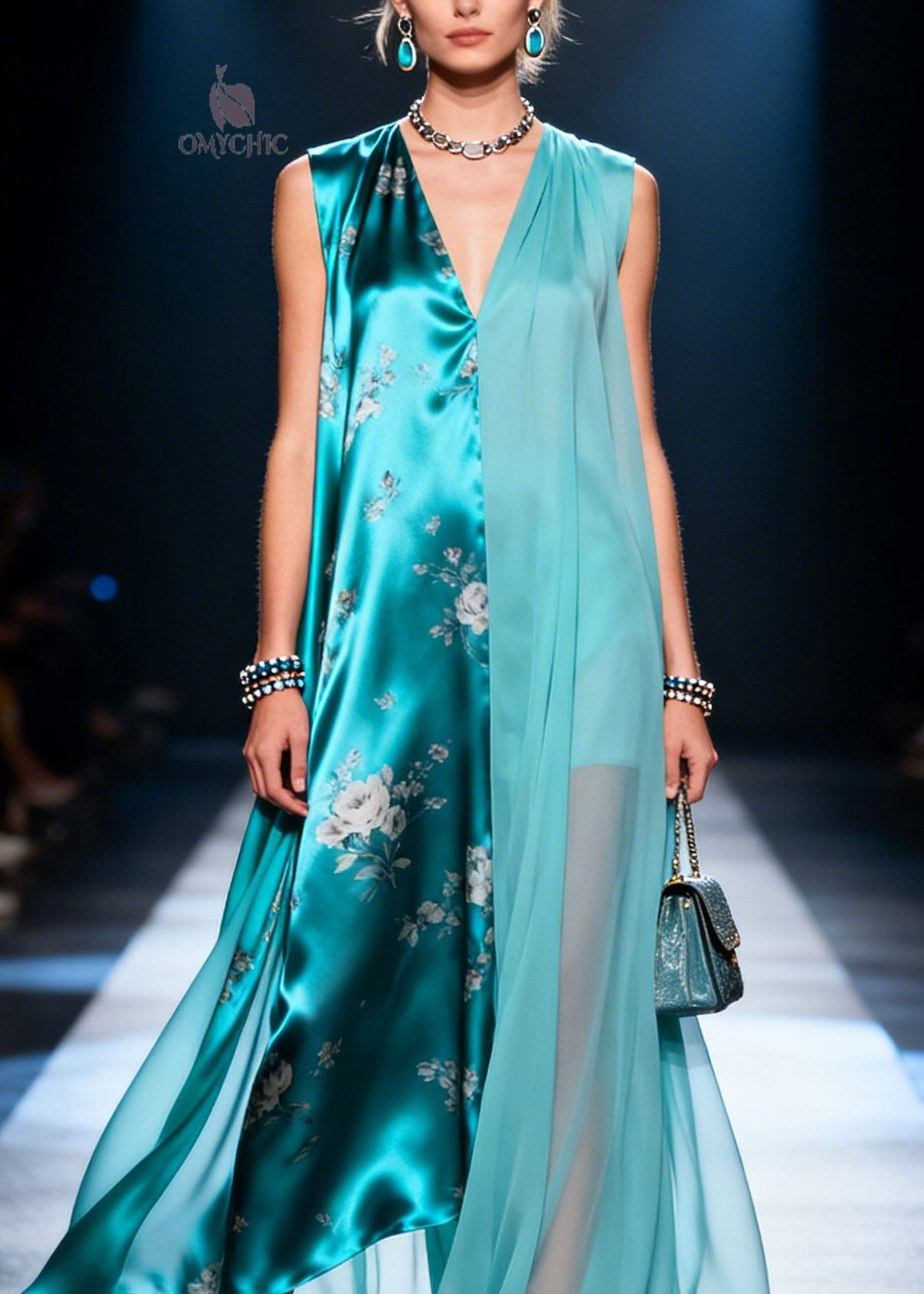 Loose V Neck Print Patchwork Chiffon Dress Summer