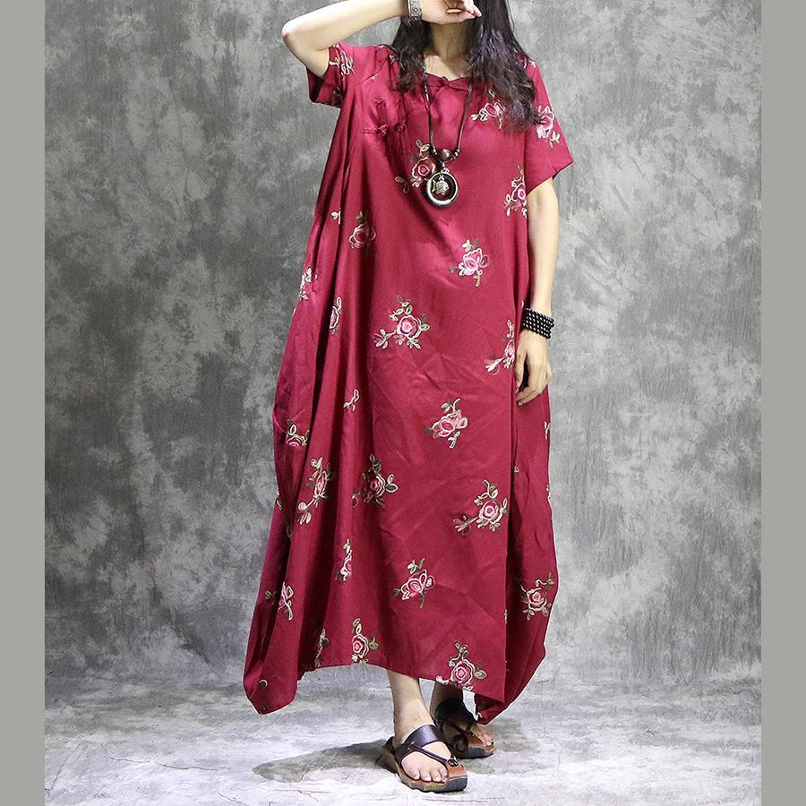 Loose O-Neck Prints Linen Robes Stylish Work Outfits Red Loose Dress Summer