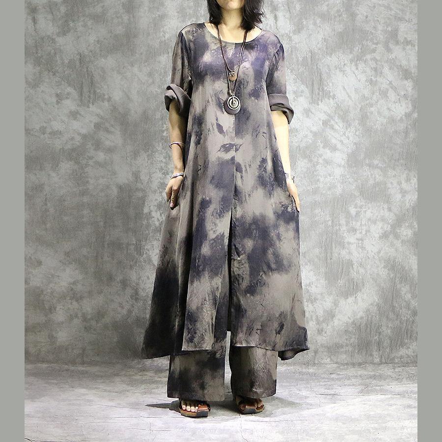 Loose prints silk dresses Organic Shape gray two pieces long Dresses summer