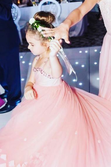 Lovely Pink Spaghetti Straps Flower Girl Dresses | Crystal Tulle Puffy Girls Pageant Dresses