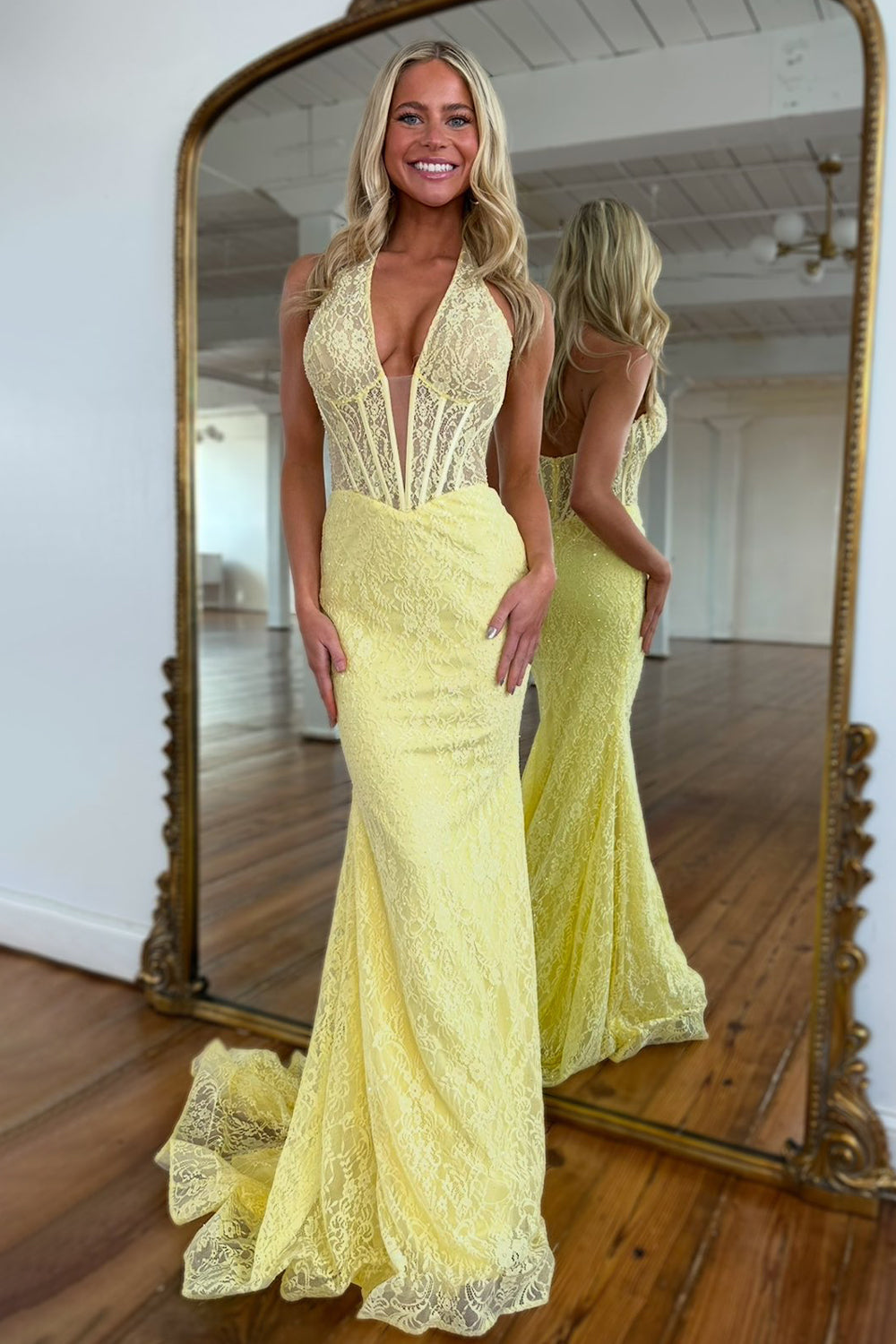 Lovely Mermaid Halter Neck Yellow Lace Corset Prom Dress with Sweep Train