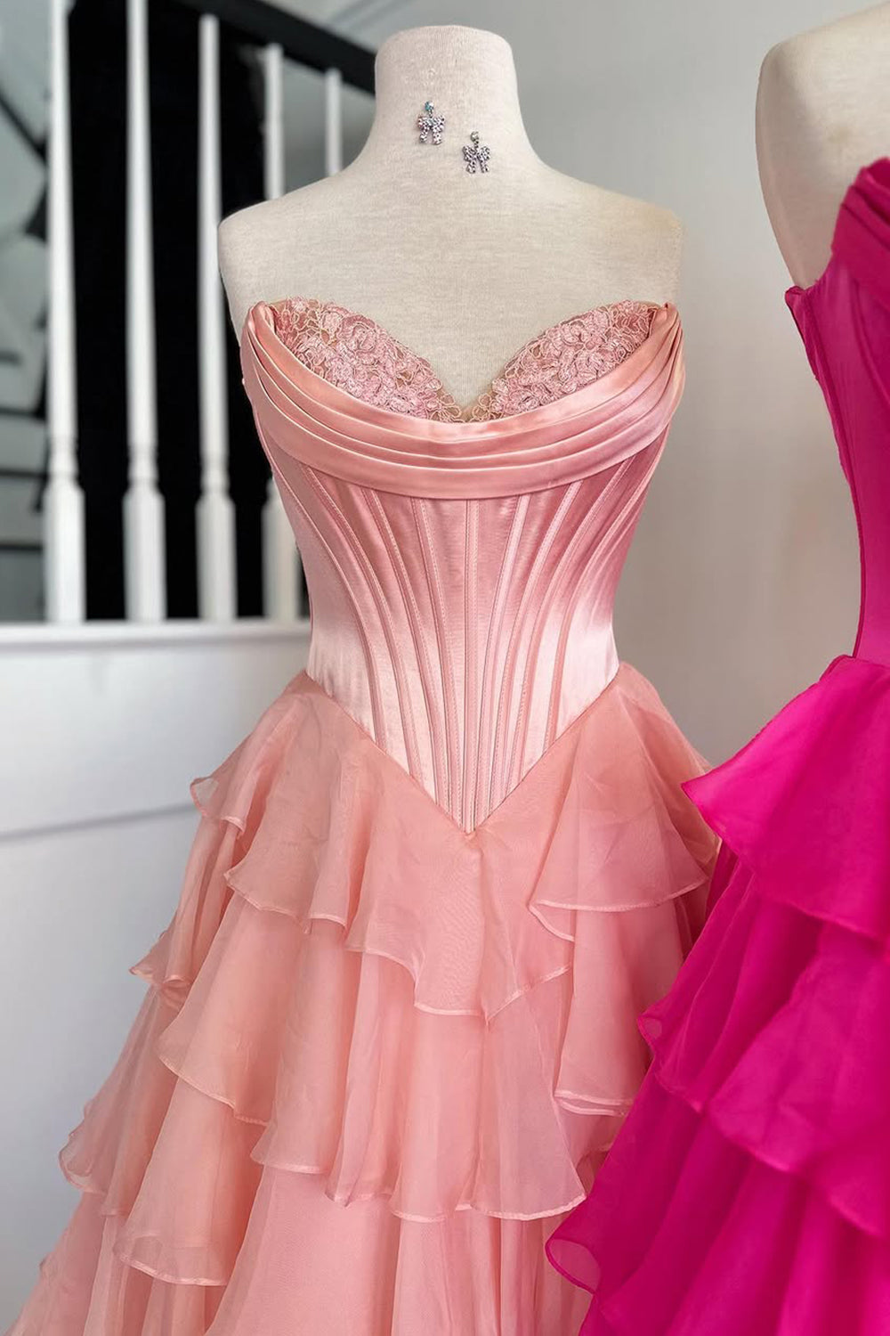 Stunning A-Line Sweetheart Satin Top Long Tiered Chiffon Prom Dress with Slit