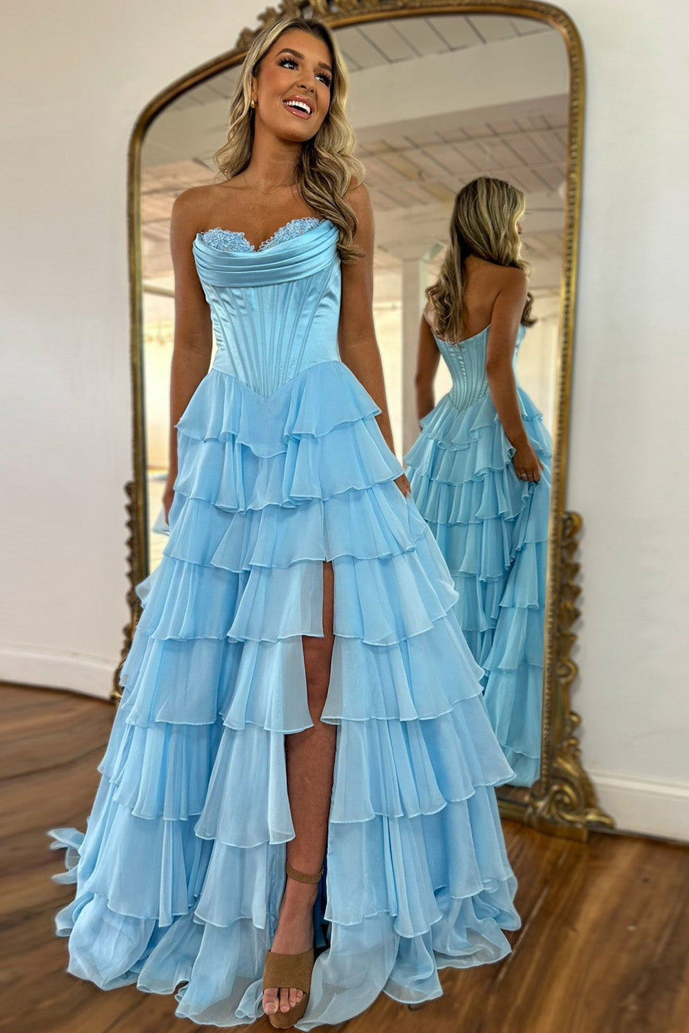Stunning A-Line Sweetheart Satin Top Long Tiered Chiffon Prom Dress with Slit