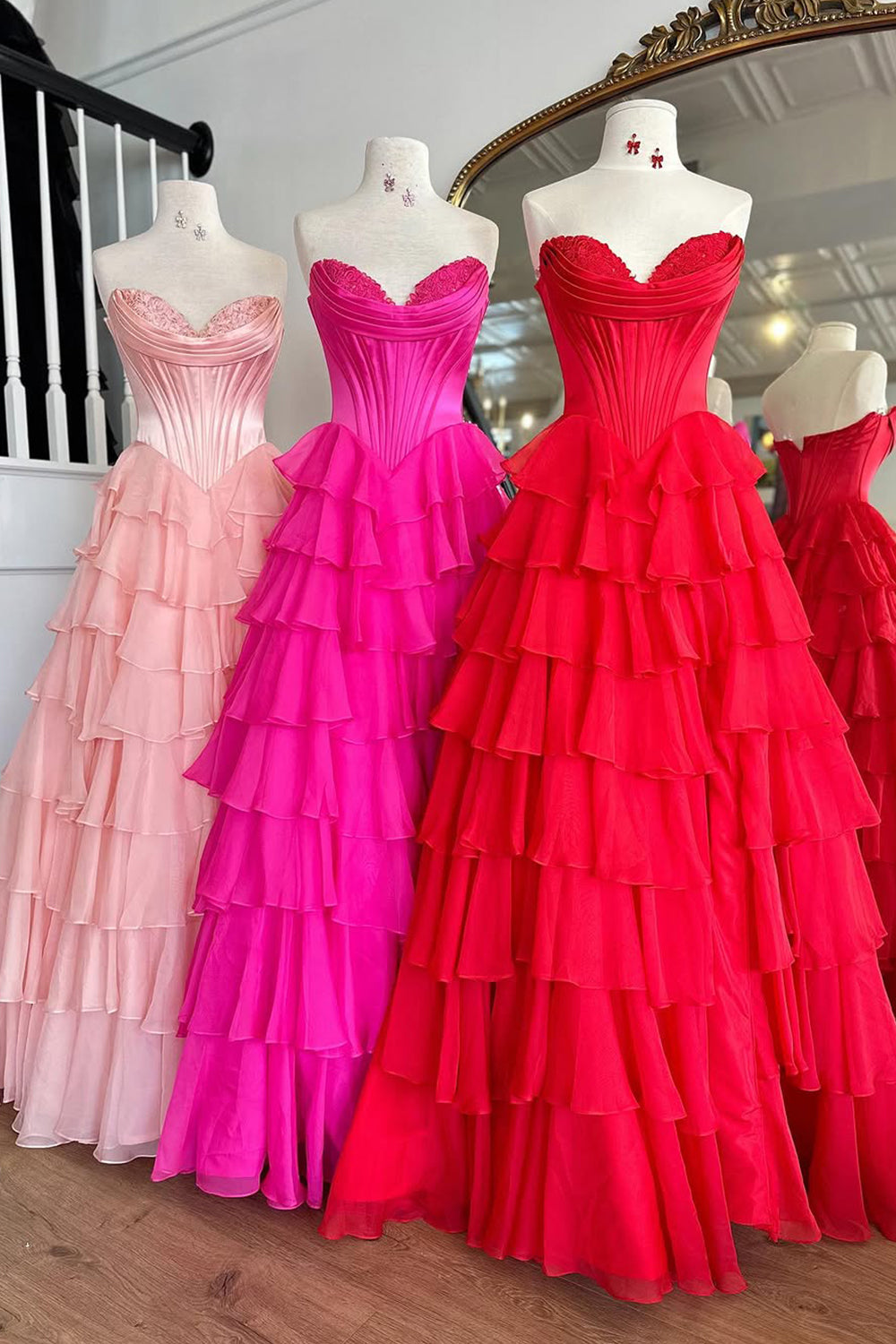 Stunning A-Line Sweetheart Satin Top Long Tiered Chiffon Prom Dress with Slit