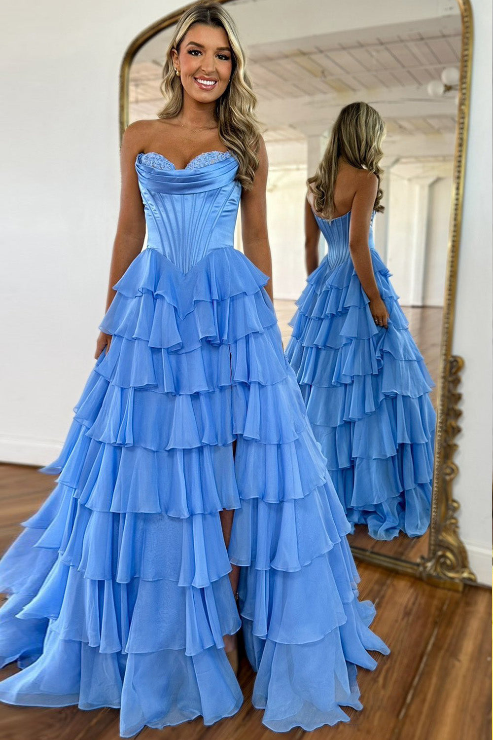 Lovely Yellow A-Line Sweetheart Long Tiered Prom Dress with Slit