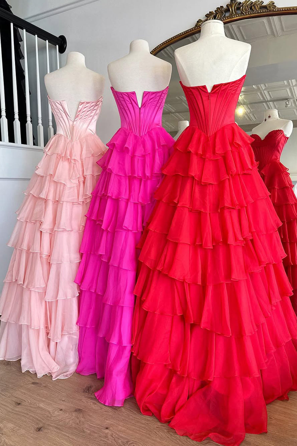 Stunning A-Line Sweetheart Satin Top Long Tiered Chiffon Prom Dress with Slit