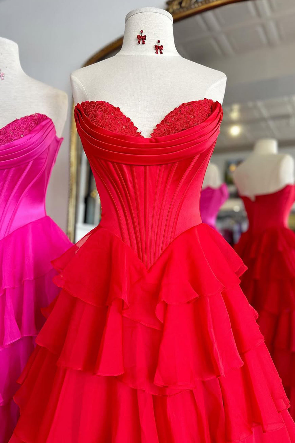 Stunning A-Line Sweetheart Satin Top Long Tiered Chiffon Prom Dress with Slit