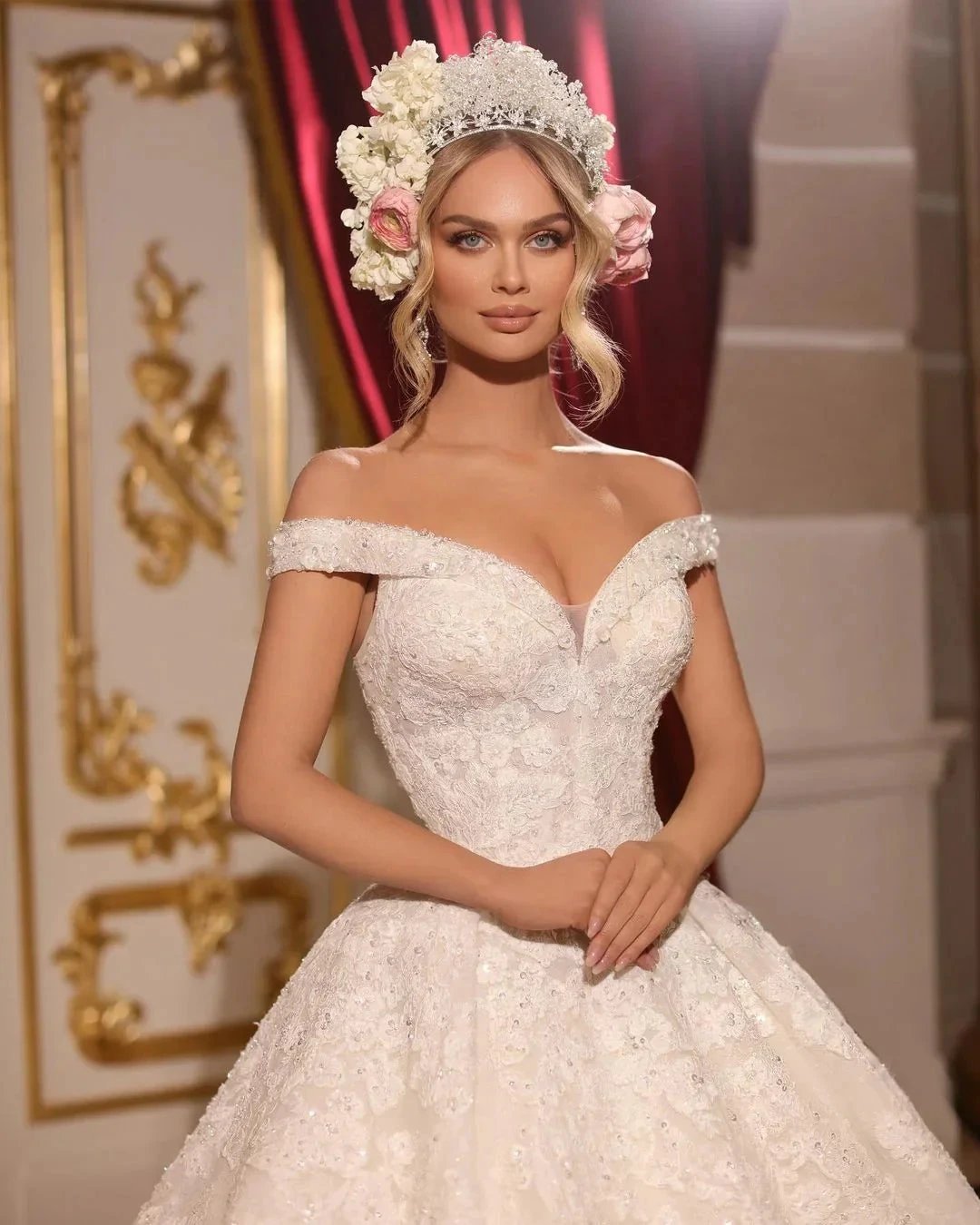 Luxurious A-line Long Off-the-shoulder Appliques Beading Wedding Dress With Train (ZD15656)
