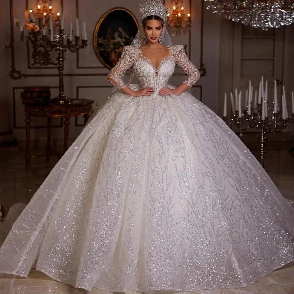 Luxurious Ball Gown Sparkly Wedding Dresses 2023 V Neck Long Sleeve Robe De Mariee Lace Beaded Princess Glitter Vestido De Novia (ZD14026)