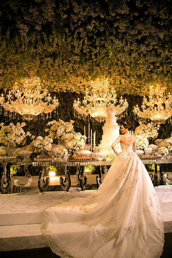 Luxurious Crystals Beading Princess Wedding Dress Long Sleeve Court Train Bridal Gown