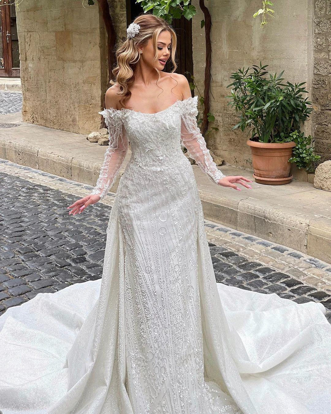 Luxurious Long Ivory Off-the-shoulder Lace Beading Long Sleeves Wedding Dress With Train (ZD15676)