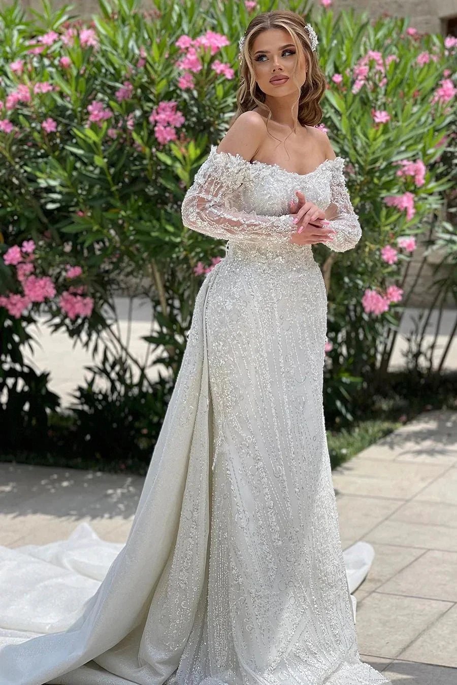 Luxurious Long Ivory Off-the-shoulder Lace Beading Long Sleeves Wedding Dress With Train (ZD15676)