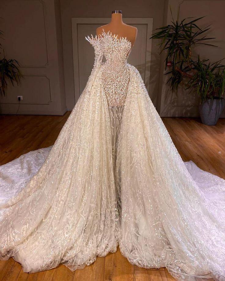 Luxurious Long White A-line Beading One Shoulder Wedding Dress With Sleeve (ZD14532)