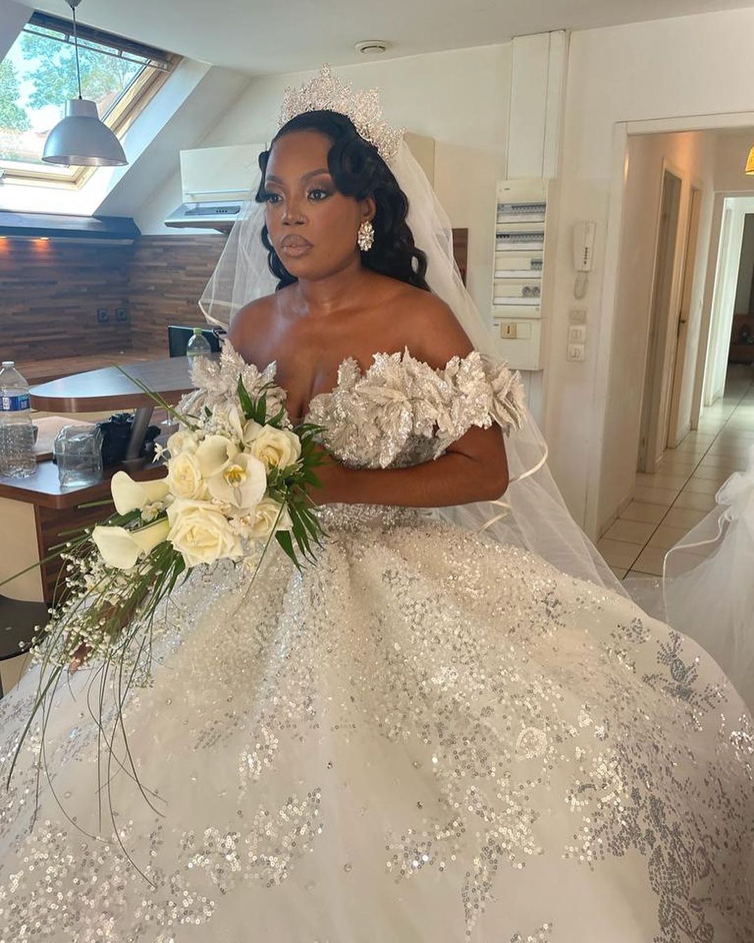 Opulent Long White A-line Off-the-shoulder Lace Sequined Wedding Gown (ZD17470)