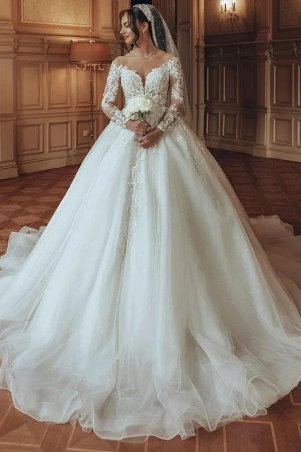 Luxurious Long White Scoop Neck A-Line Tulle Lace Wedding Dress With Sleeves (ZD14487)