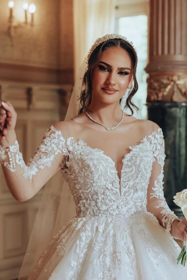 Luxurious Long White Scoop Neck A-Line Tulle Lace Wedding Dress With Sleeves (ZD14487)