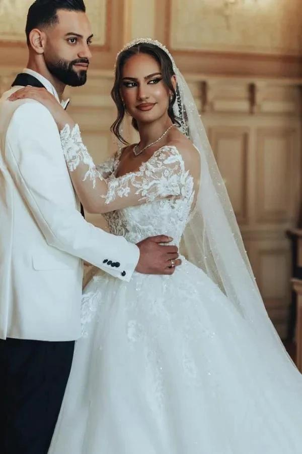 Luxurious Long White Scoop Neck A-Line Tulle Lace Wedding Dress With Sleeves (ZD14487)