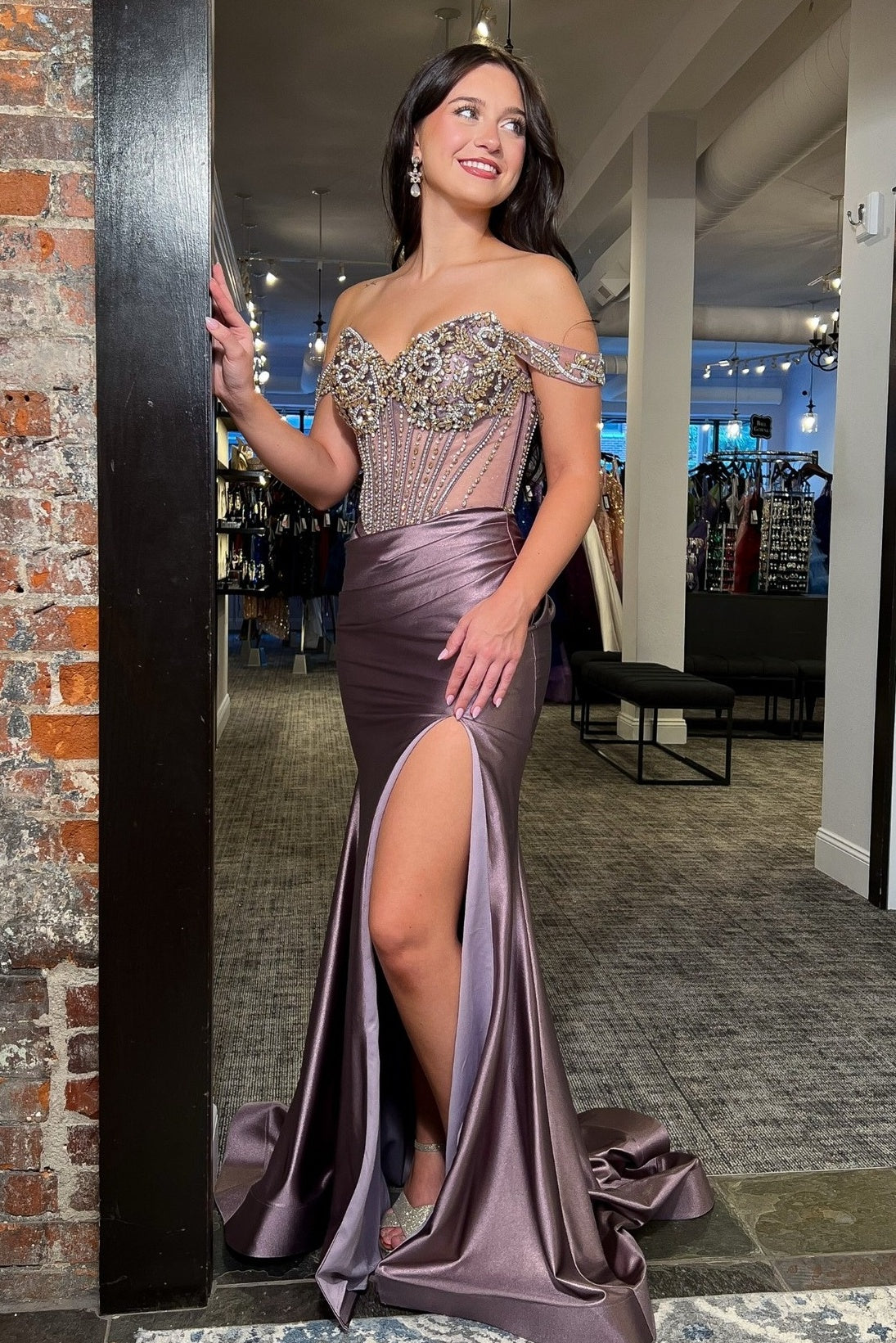 Stunning Mermaid Off the Shoulder Dark Grey Corset Prom Dress with Beading