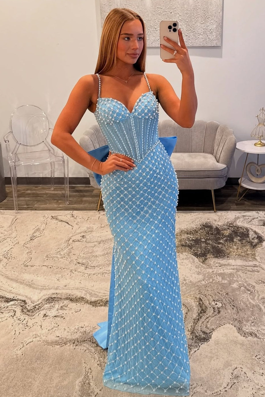 Luxurious Mermaid Spaghetti Straps Blue Long Prom Dress with Pearls